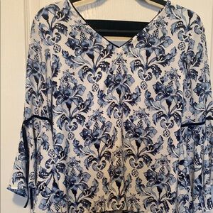 White and Blue Ruffled Bell Sleeve Blouse with Tie Front